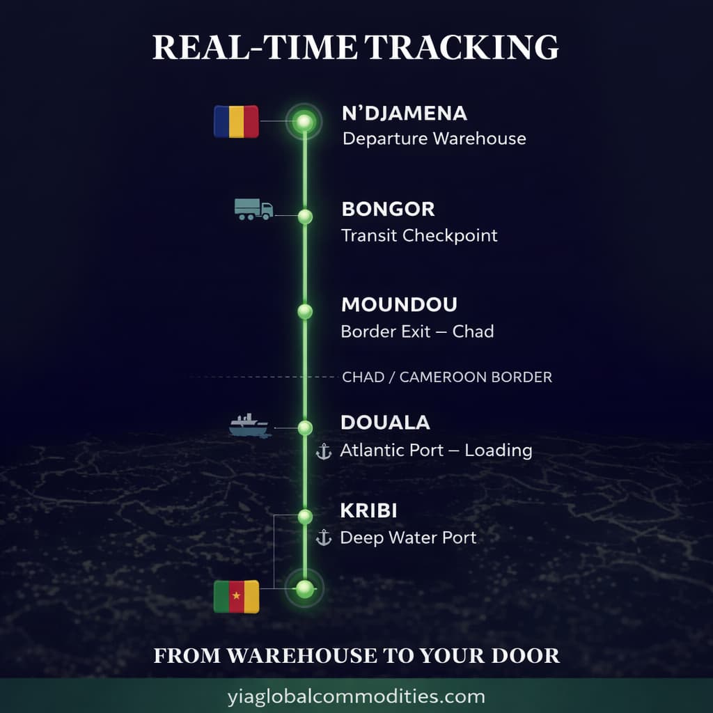Infographie corridor logistique YIA Global Commodities — N'Djamena, Bongor, Moundou, Douala, Kribi