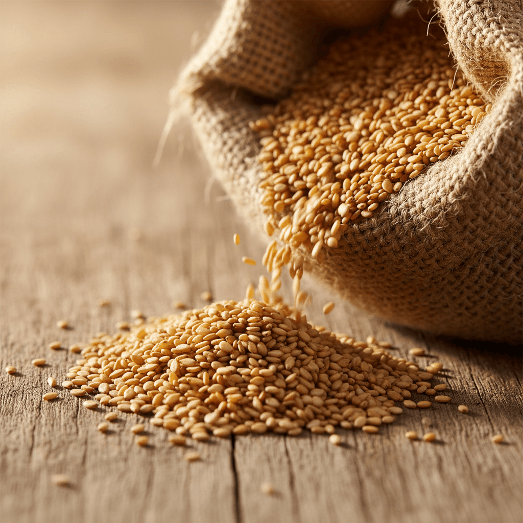 Golden sesame seeds pouring from burlap sack