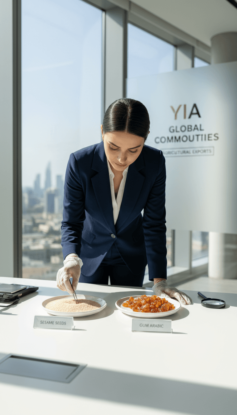 YIA Global commodities product specialist reviewing agricultural export samples