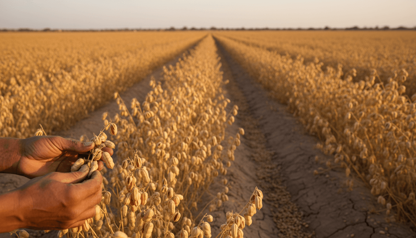Chad sesame seed field at harvest with farmer examining seed quality