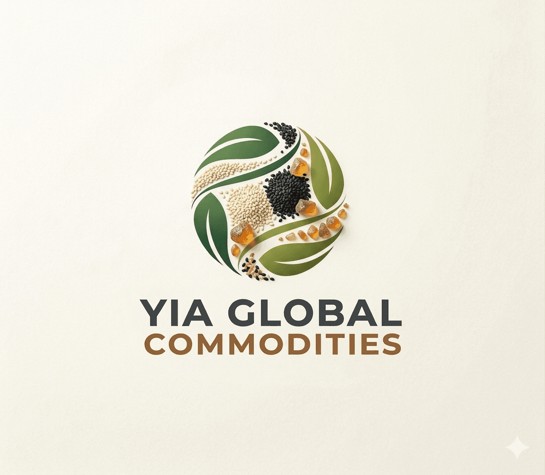YIA Global Commodities logo featuring a circular emblem of green leaves, seeds, and amber resin.
